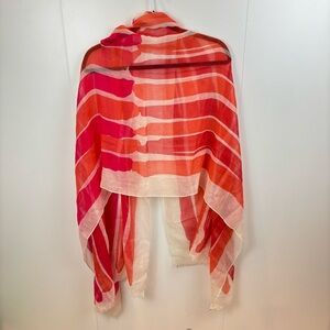 Club Monaco Abstract Print Scarf Red Coral Ivory Wool Silk Large Wrap Shawl Luxe